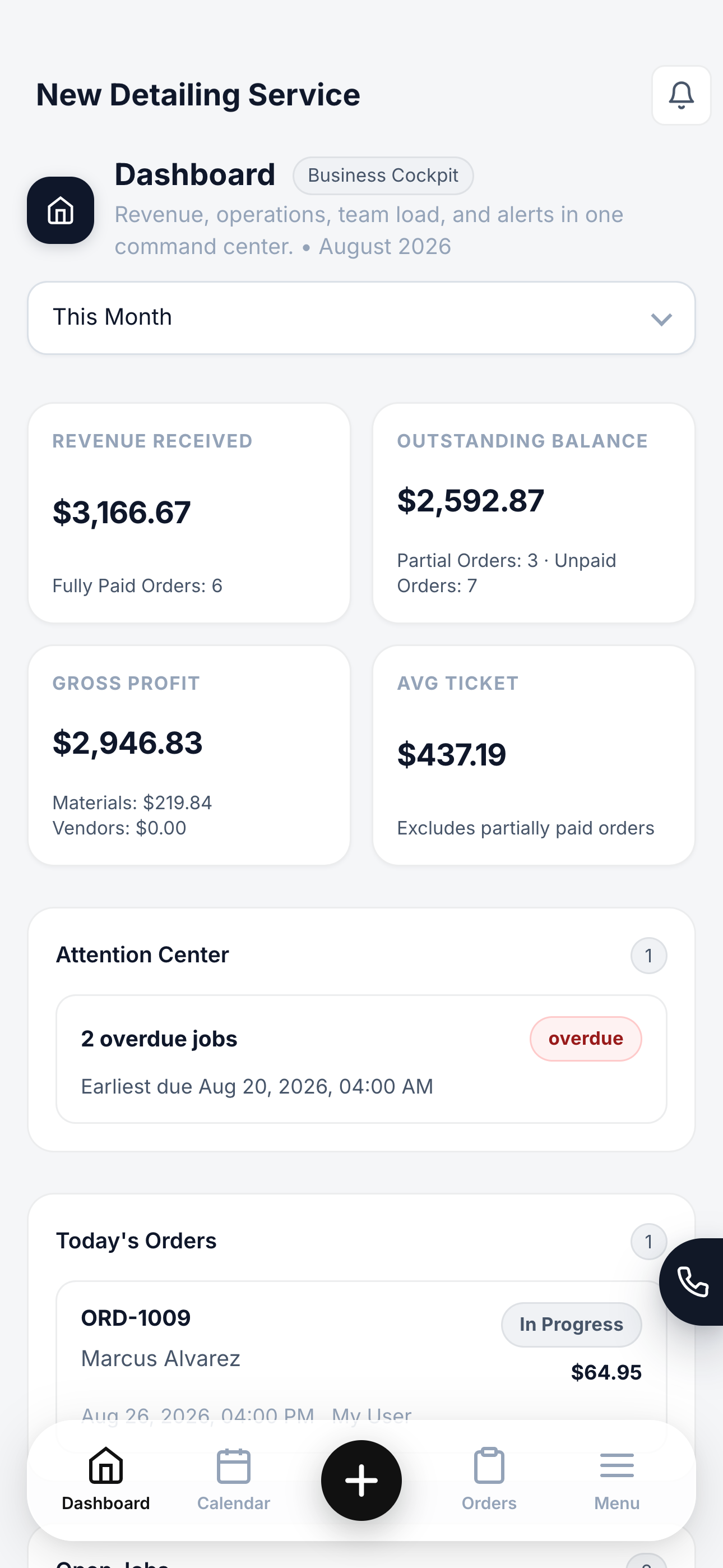 Mobile dashboard showing revenue, gross profit, outstanding balance, average ticket and attention center alerts